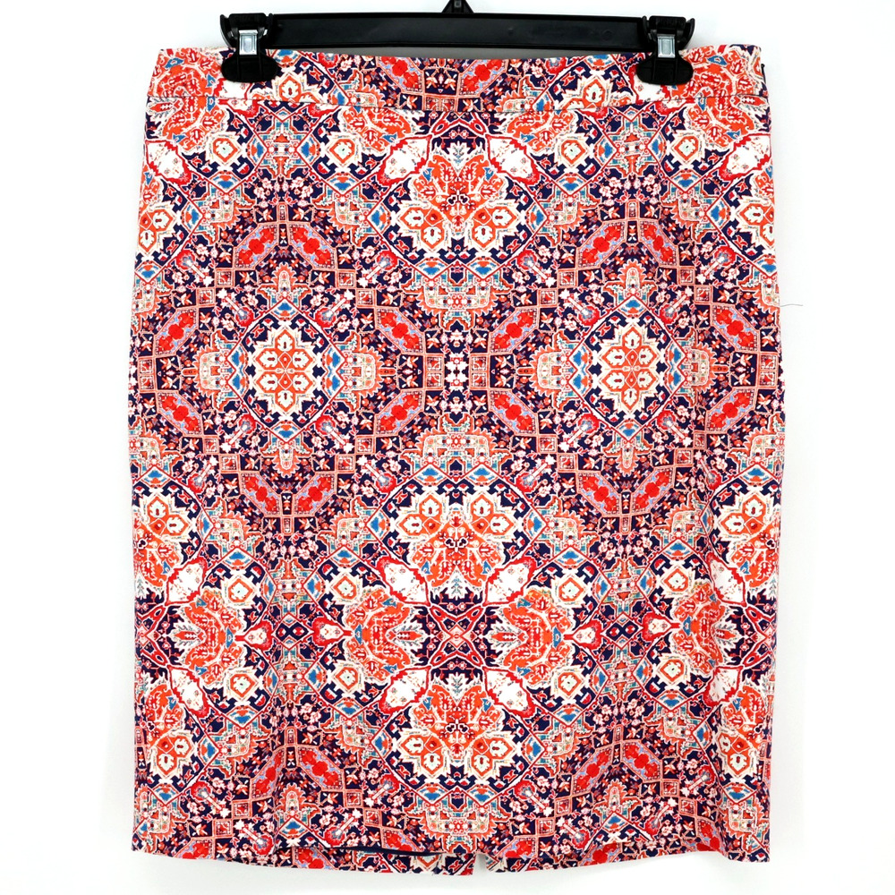 The Limited Skirt Womens 16 Orange Blue Print Stretch Cotton Lined Pencil Zip